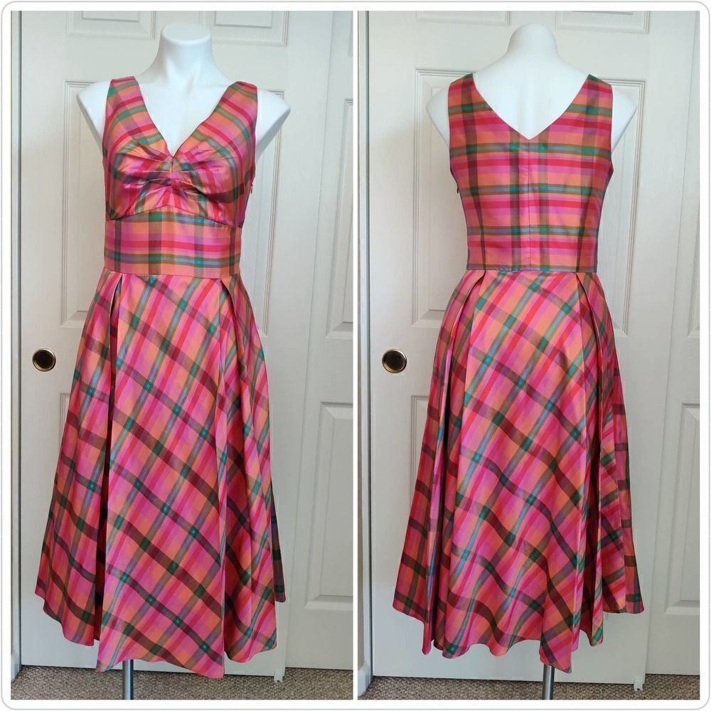 Coldwater Creek Retro Style 100% Silk Madres V-Neck Midi Dress sz 6